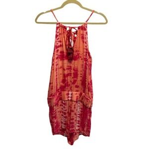 OndaDeMar M Pink Orange Tie Dye‎ Romper Tassel Detail Boho Resortwear Cover-Up